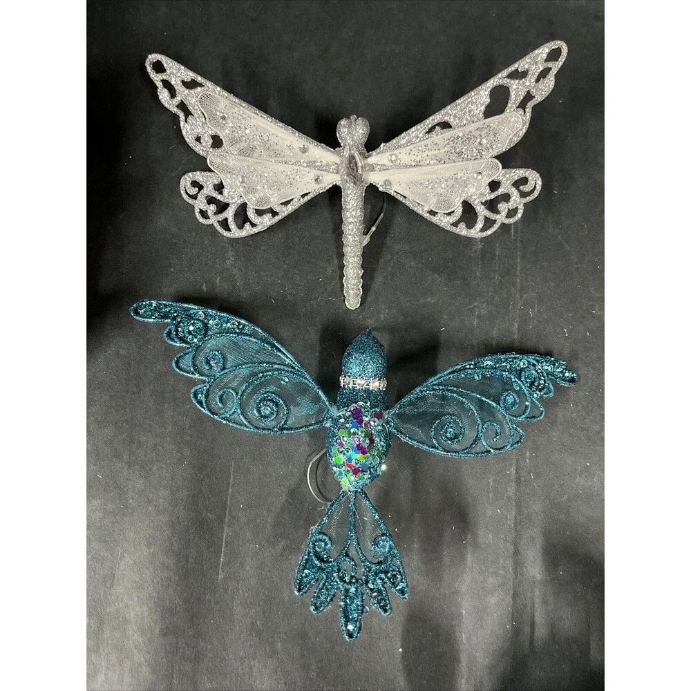 12 Silver/Blue Glittered‎ Christmas Ornaments:Butterflies Dragonfly Bird Flowers
